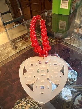 Statement Heart Pendant Necklace with Red Beaded Chain